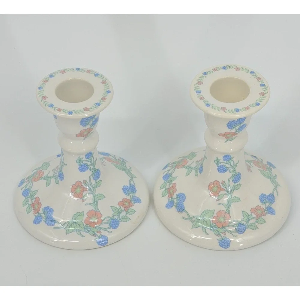 Vintage Lynn Hollyn Days of Wonder Candlestick Holders Ceramic Cottagecore Pair